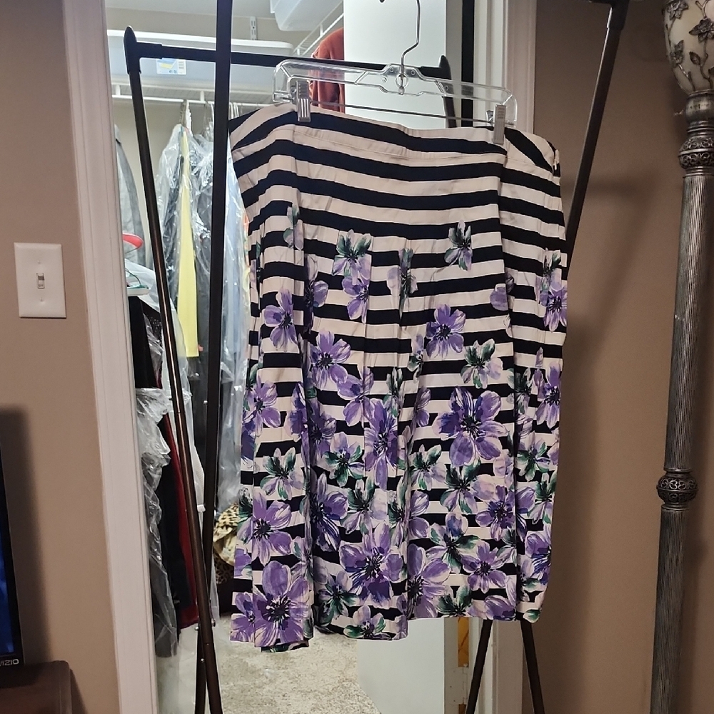Talbots Black and White Striped Skirt with Purple Floral Design